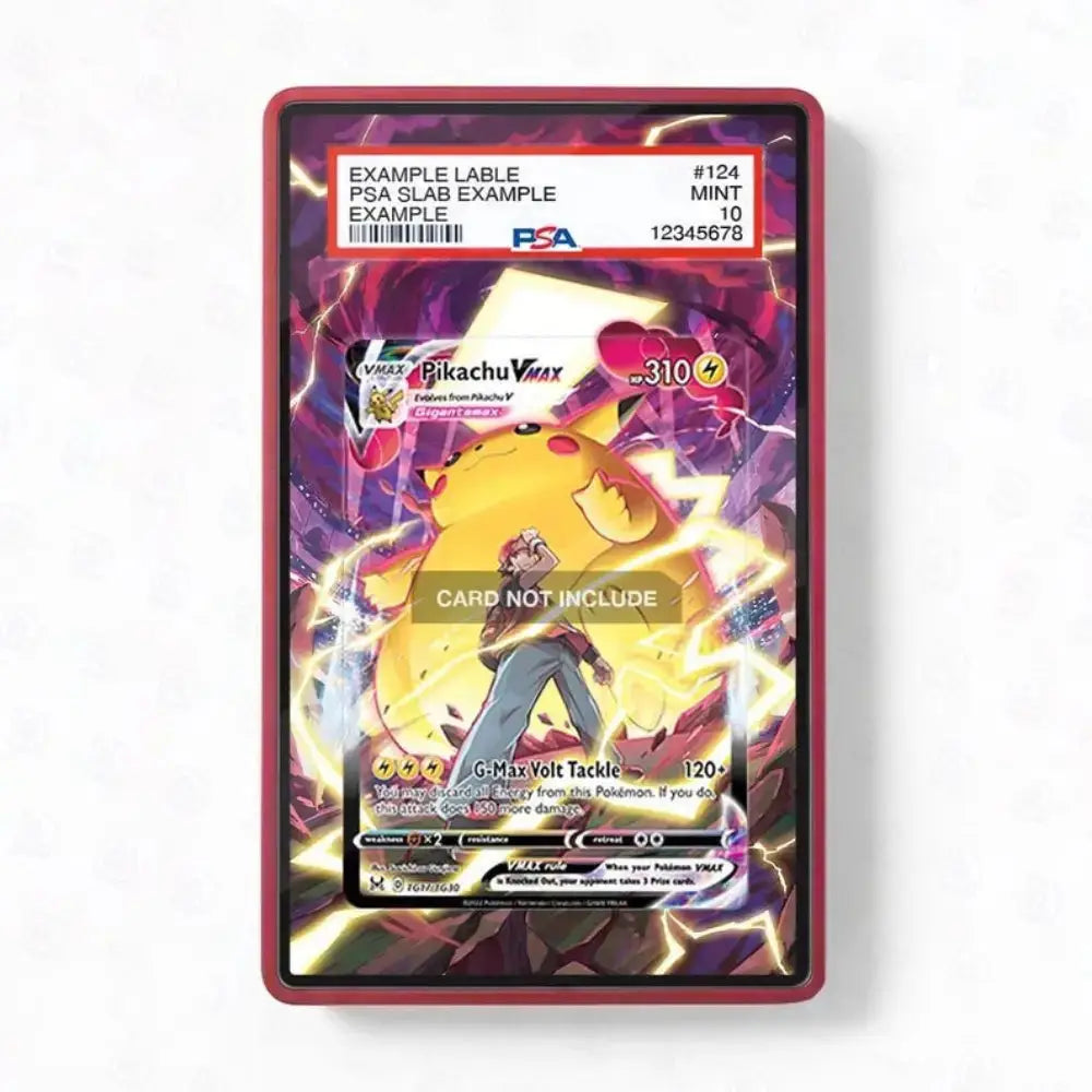 A PSA graded PSA Slab Example card in a red PSA protective case, featuring Pikachu artwork and a yellow 'CARD NOT INCLUDE' watermark overlay, photographed on a white background.