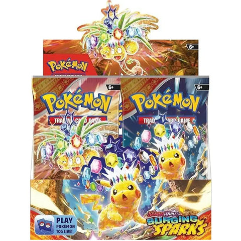Pokemon TCG Scarlet & Violet Surging Sparks booster pack display featuring Pikachu and Alolan Exeggutor artworks | TCGVault