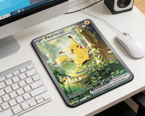 Cute Pikachu EX anime mouse pad featuring forest artwork placed on modern white desktop setup with keyboard and mouse