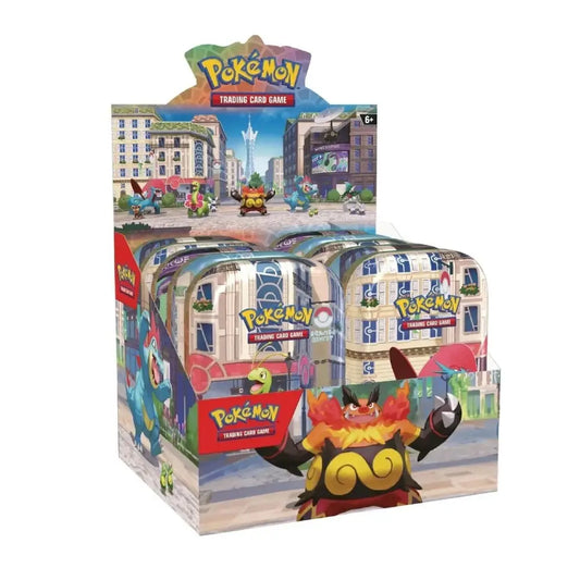 Pokémon Trading Card Game booster box display with multiple sealed booster packs visible inside a printed retail box on a plain white background.