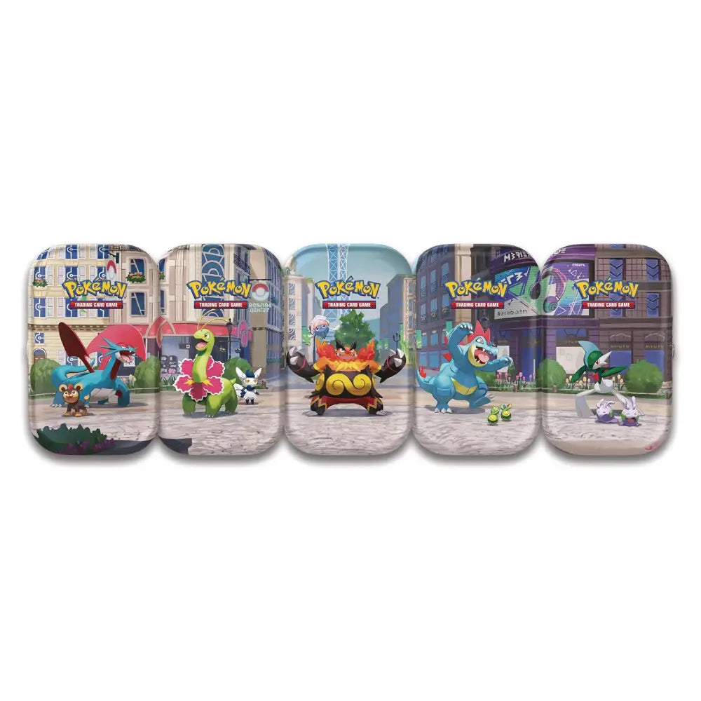 A set of five Pokémon-themed rectangular items with rounded corners, likely coasters or small panels, arranged side by side on a plain white background. Each panel shows a different Pokémon character in a city street scene, with visible Pokémon logos at the top of each panel.