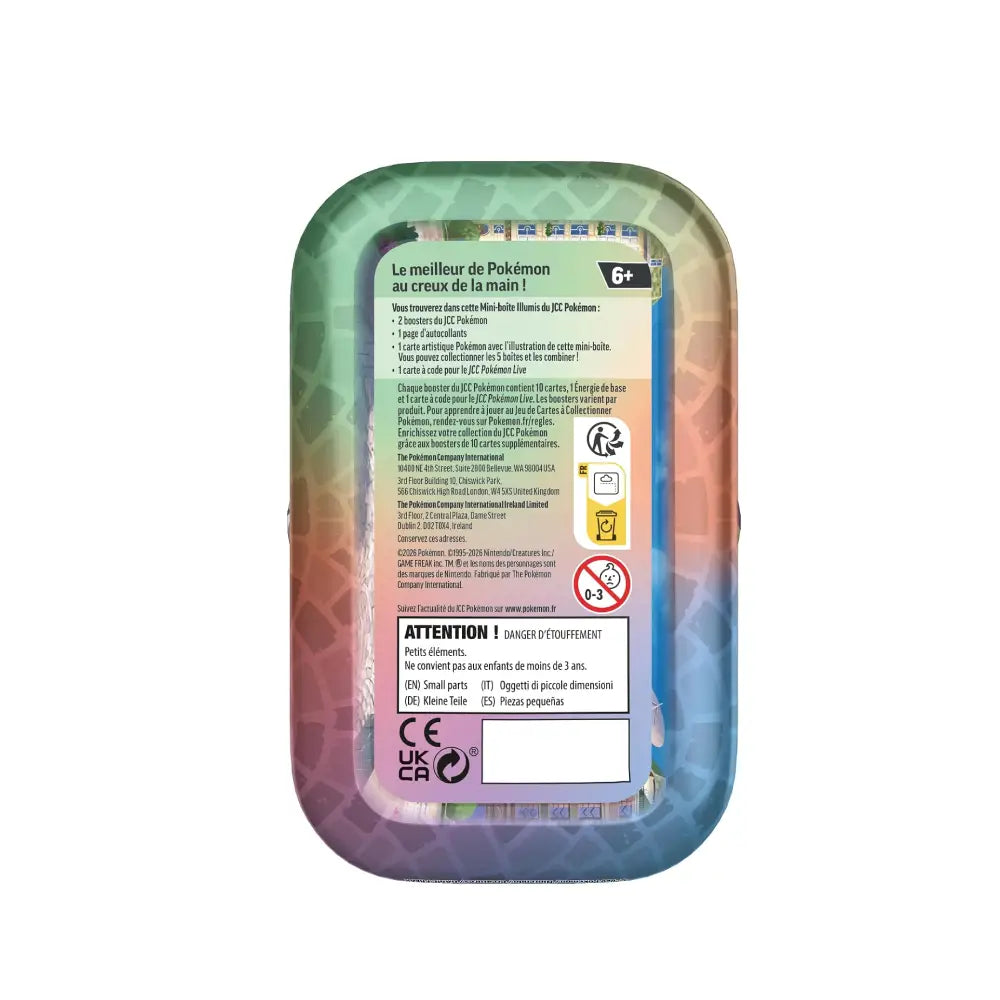 A Pokémon-themed plastic container with rounded corners, featuring a colorful gradient design transitioning from green to orange and purple. The front has a large white label with French text, product details, and a '6+' age rating symbol.