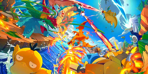 Vibrant Pokémon battle artwork featuring multiple characters in an action scene with bright blue sky, flames, water, and colorful environmental elements.