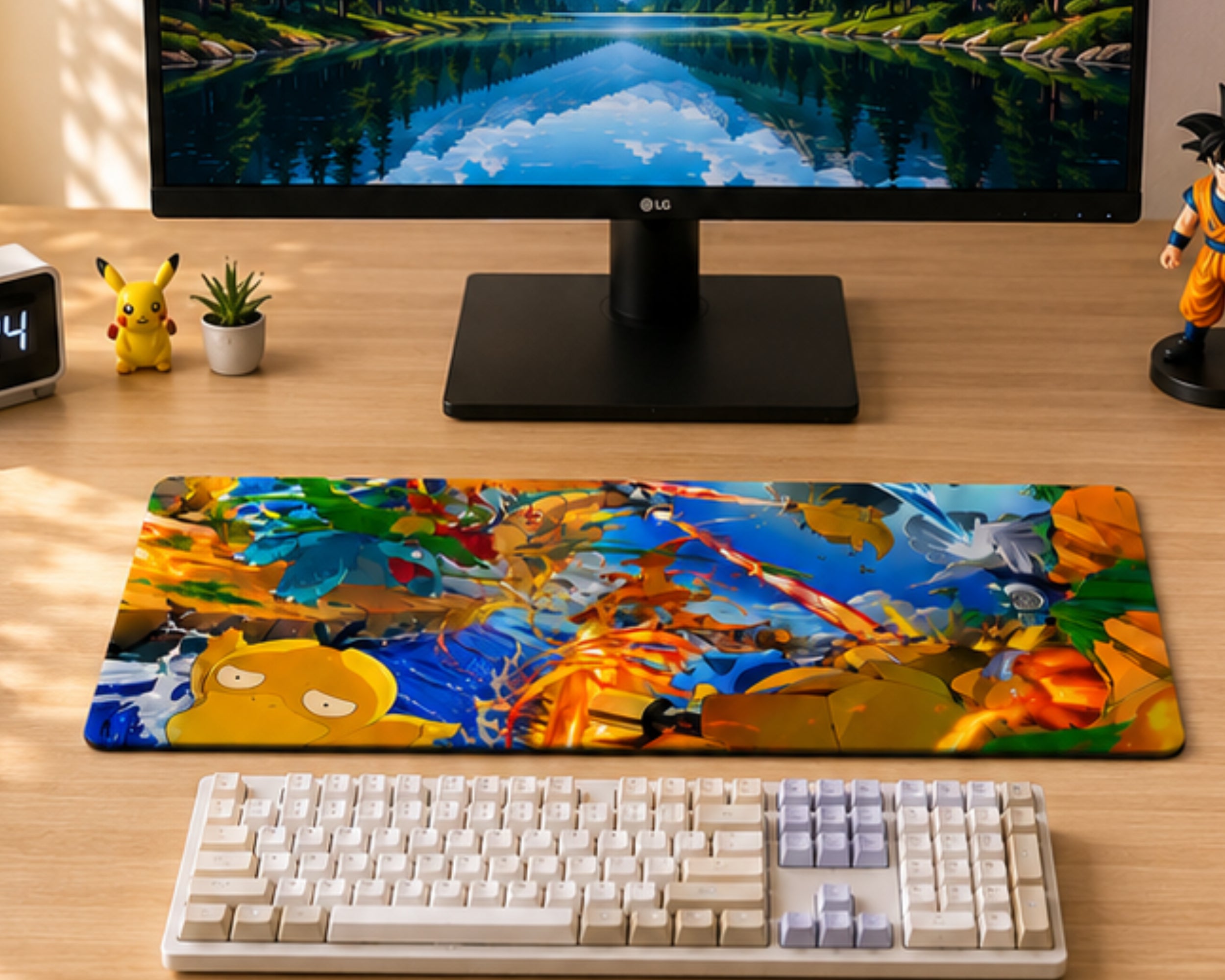 A large rectangular desk mat featuring a colorful, busy anime-style illustration with characters and autumn leaves, placed on a wooden desk in front of a keyboard and monitor. The desk mat has a blue background with yellow, orange, and red elements.