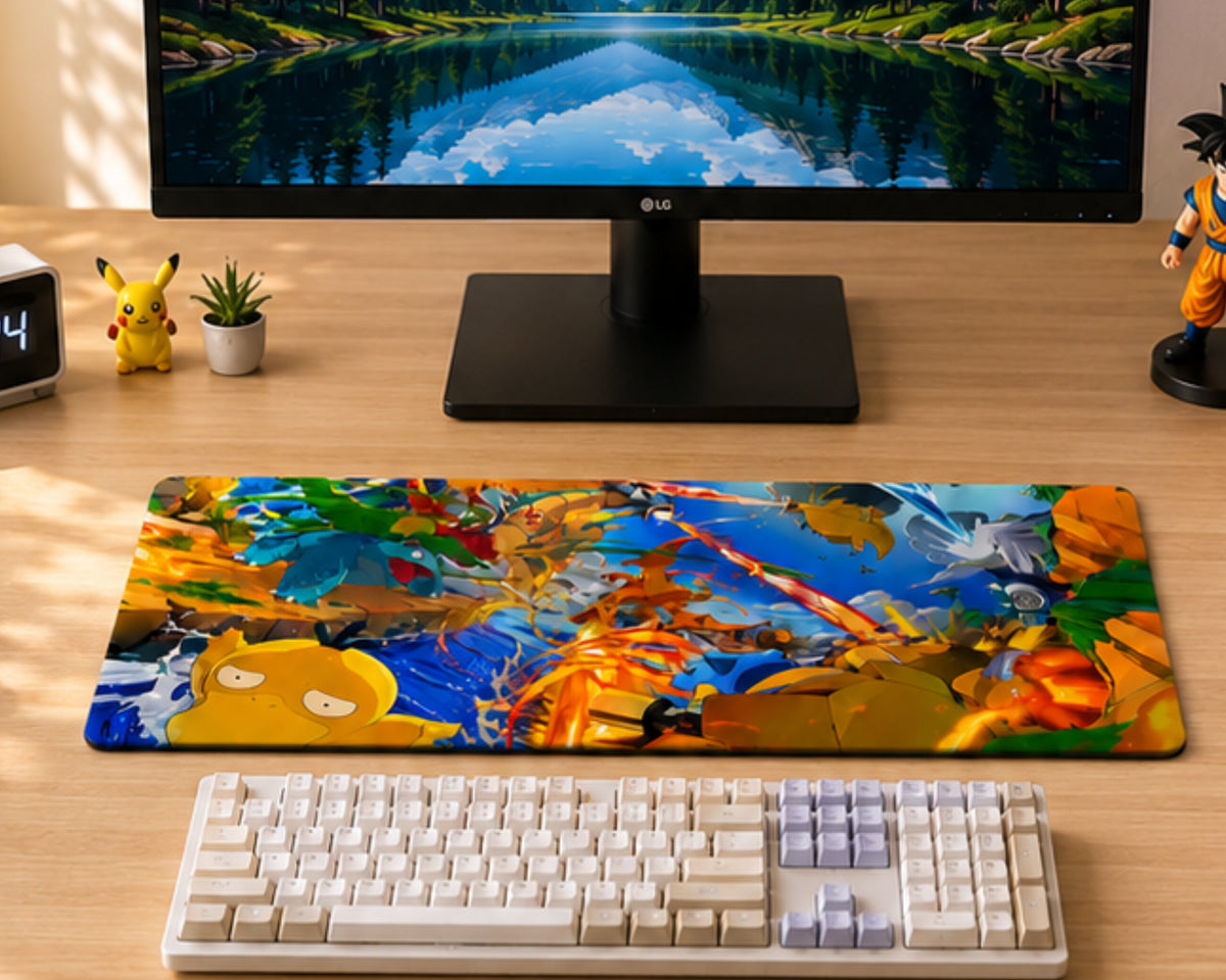 A large rectangular desk mat featuring a colorful, busy anime-style illustration with characters and autumn leaves, placed on a wooden desk in front of a keyboard and monitor. The desk mat has a blue background with yellow, orange, and red elements.