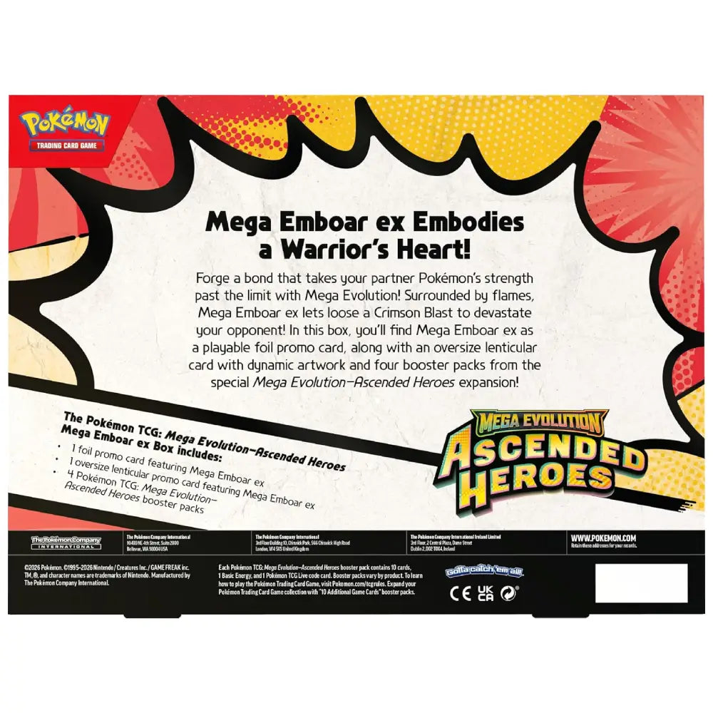 Pokémon trading card game box back featuring Mega Emboar ex with promotional text.