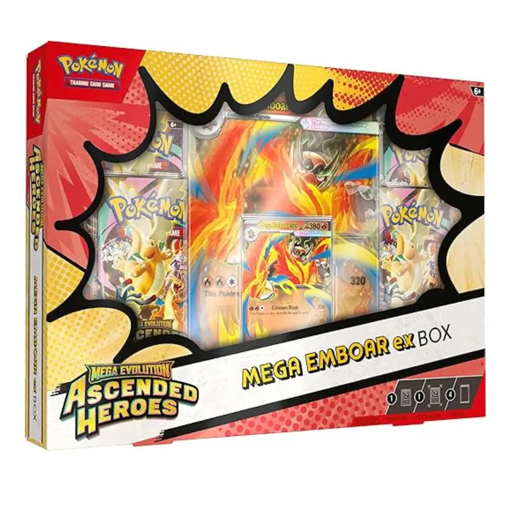 Pokémon trading card game box featuring Mega Evolution Ascended Heroes with a prominent display of cards.