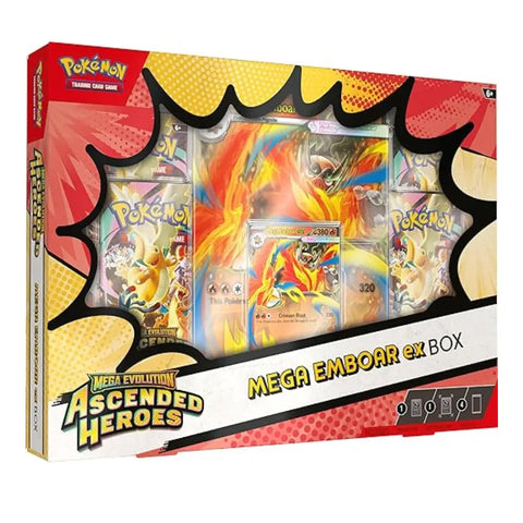 Pokémon trading card game box featuring Mega Evolution Ascended Heroes with a prominent display of cards.