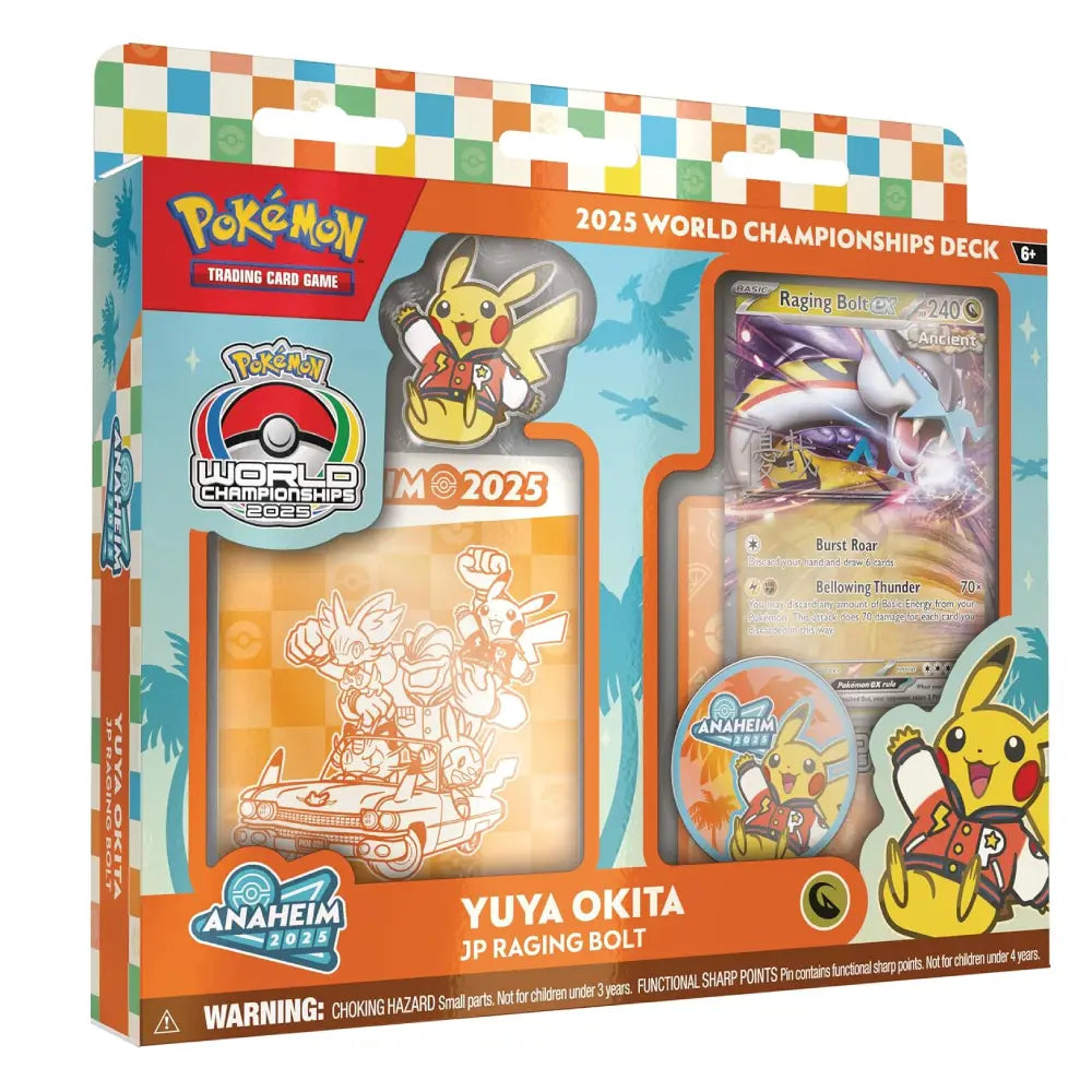 Pokémon Trading Card Game 2025 World Championships Deck box by Anaheim, featuring Yuya Okita JP Raging Bolt theme, with a clear window showing sample cards and collectible items inside.