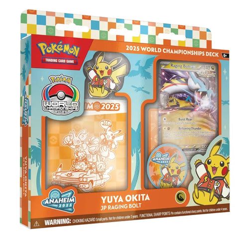 Pokémon Trading Card Game 2025 World Championships Deck box by Anaheim, featuring Yuya Okita JP Raging Bolt theme, with a clear window showing sample cards and collectible items inside.