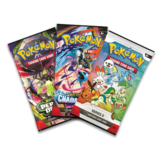 Three Pokémon trading card booster packs fanned out on a plain white background: the left pack reads 'Pokémon Trading Card Game Defenders', the middle pack reads 'Pokémon Trading Card Game Chaos', and the right pack reads 'Pokémon Trading Card Game Series 2'.