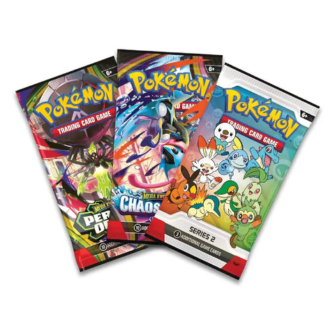 Three Pokémon trading card booster packs fanned out on a plain white background: the left pack reads 'Pokémon Trading Card Game Defenders', the middle pack reads 'Pokémon Trading Card Game Chaos', and the right pack reads 'Pokémon Trading Card Game Series 2'.