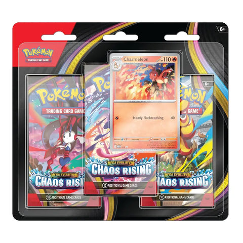 Pokémon Trading Card Game 150th Anniversary Chaos Rising booster pack set in a clear blister pack with a sample Charmeleon card displayed in the center.