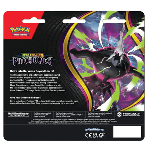 Pokémon TCG trading card game box back art for Mega Evolution Pitch Black, featuring a large illustrated monster on the right and product information on the left, with the Pokémon logo at the top left.