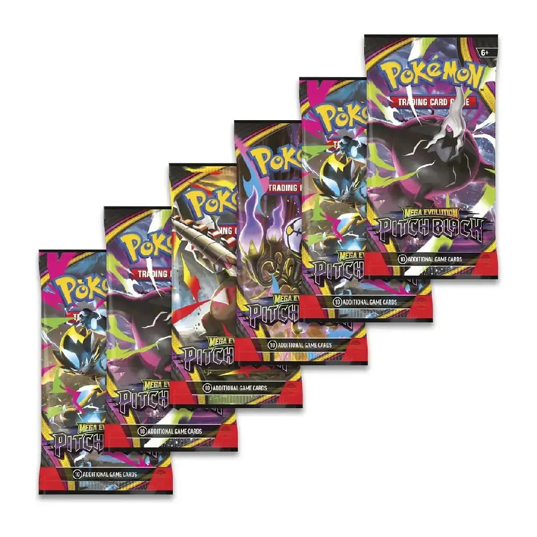 Six Pokémon Trading Card Game booster packs for the MEGA PITCH BUCK TCG Edition arranged in a staggered fan layout on a plain white background.