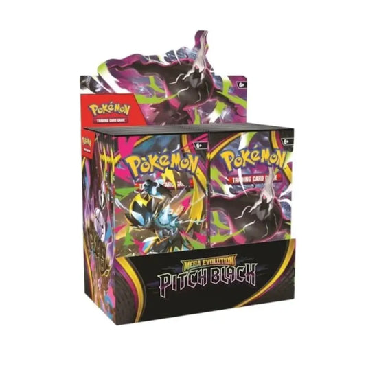 Pokémon TCG trading card display box for Mega Evolution Pitch Black, featuring colorful character artwork and the Pokémon logo on a plain white background.