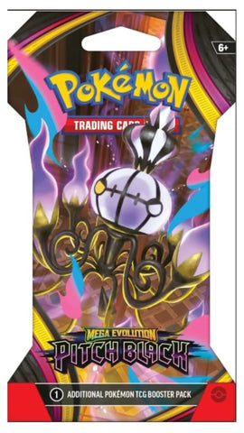 Pokémon Trading Card Game Mega Evolution Pitch Black booster pack card packaging, featuring colorful artwork of a Pokémon character and the official Pokémon logo.