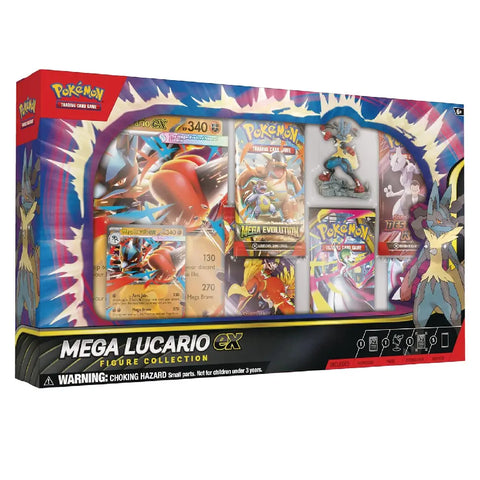 Pokémon Mega Lucario ex figure collection packaging with cards and figures.