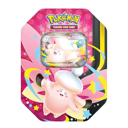 Pokémon Trading Card Game card tin featuring Jigglypuff on a bright pink and magenta illustrated card tin with yellow, blue, and black accents.