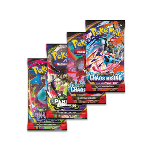 Four Pokémon Trading Card Game booster packs fanned out on a white background, including Phirblis X, Derli Driven, and Chaos Rising sets.