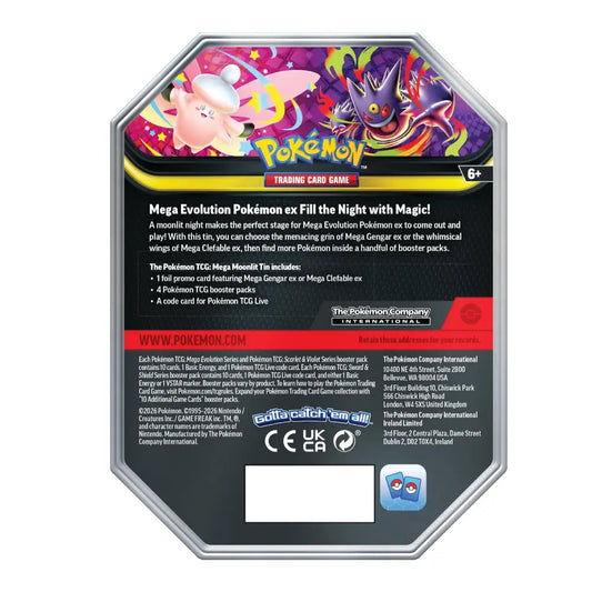 Pokémon Mega Evolution ex Fill the Night with Magic! trading card game box back, featuring colorful character artwork and product details on a white background.