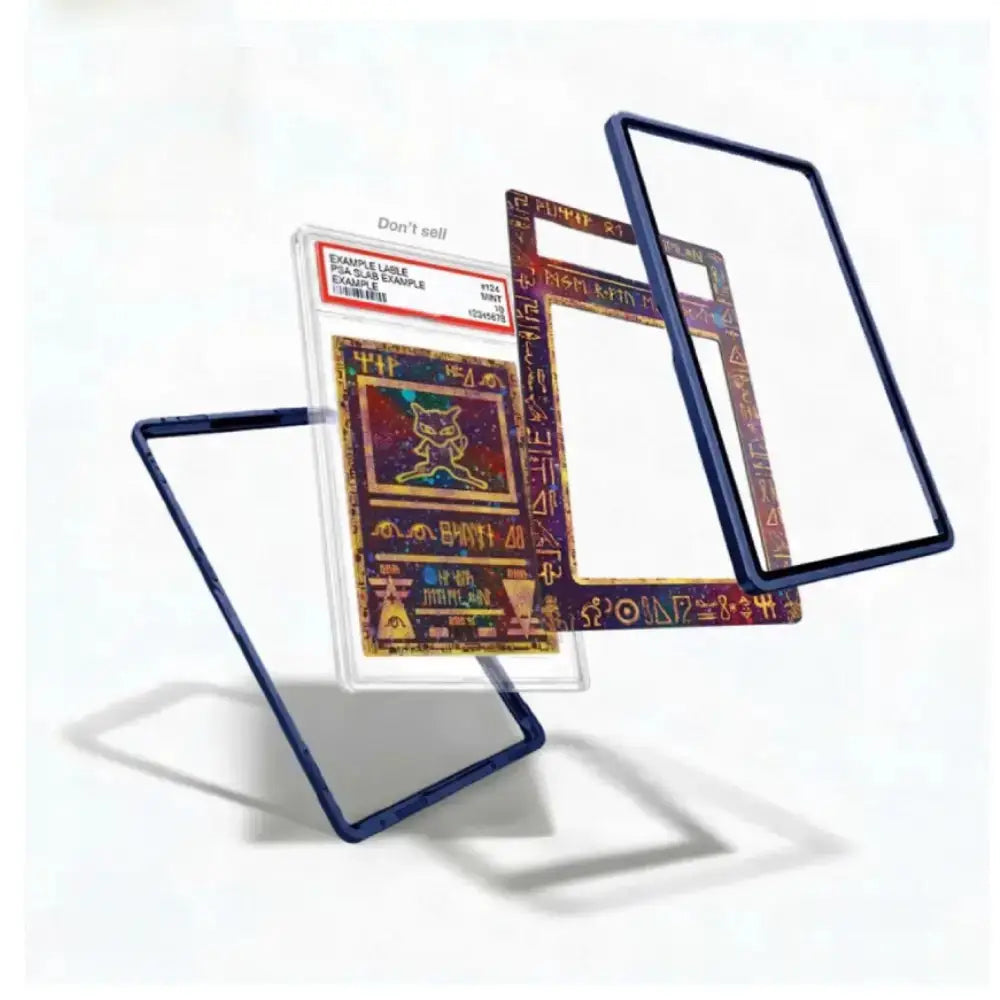 A display stand made of three interlocking U-shaped frames in dark blue, shown holding a graded collectible card. The card features a colorful, iridescent Egyptian-themed design with hieroglyphic borders.