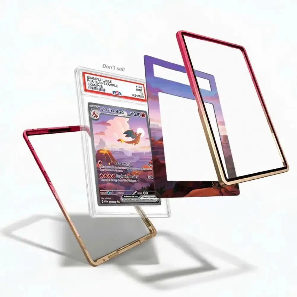 Three transparent protective card sleeves with colored borders are shown floating around a graded Pokémon TCG card. The product appears to be the clear sleeves rather than the card itself, with one sleeve in red, one in gold, and one in a purple-to-brown gradient.