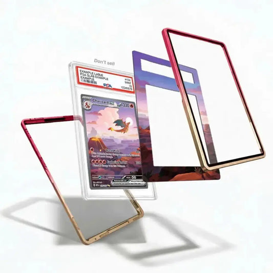 Three transparent protective card sleeves with colored borders are shown floating around a graded Pokémon TCG card. The product appears to be the clear sleeves rather than the card itself, with one sleeve in red, one in gold, and one in a purple-to-brown gradient.