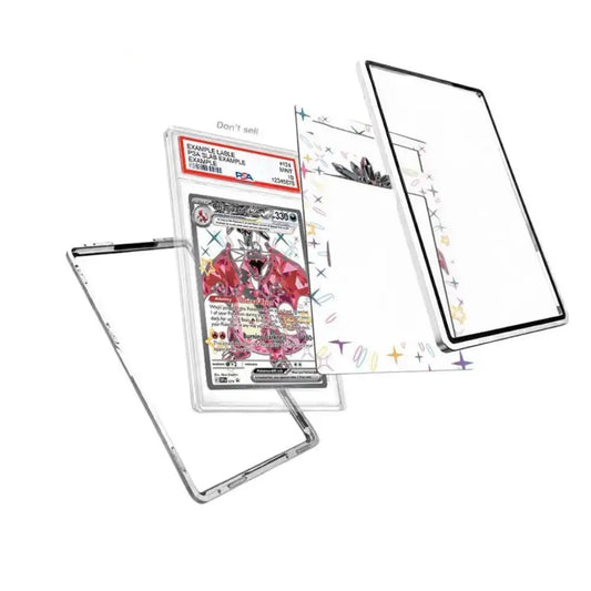 A clear acrylic card protector case shown disassembled with its inner liner and outer frame, with a graded holographic Pokémon TCG card inside, on a plain white background.