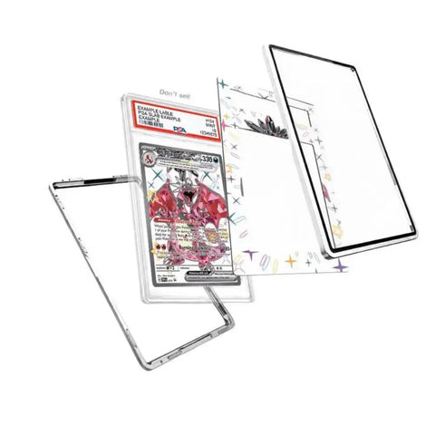 A clear acrylic card protector case shown disassembled with its inner liner and outer frame, with a graded holographic Pokémon TCG card inside, on a plain white background.