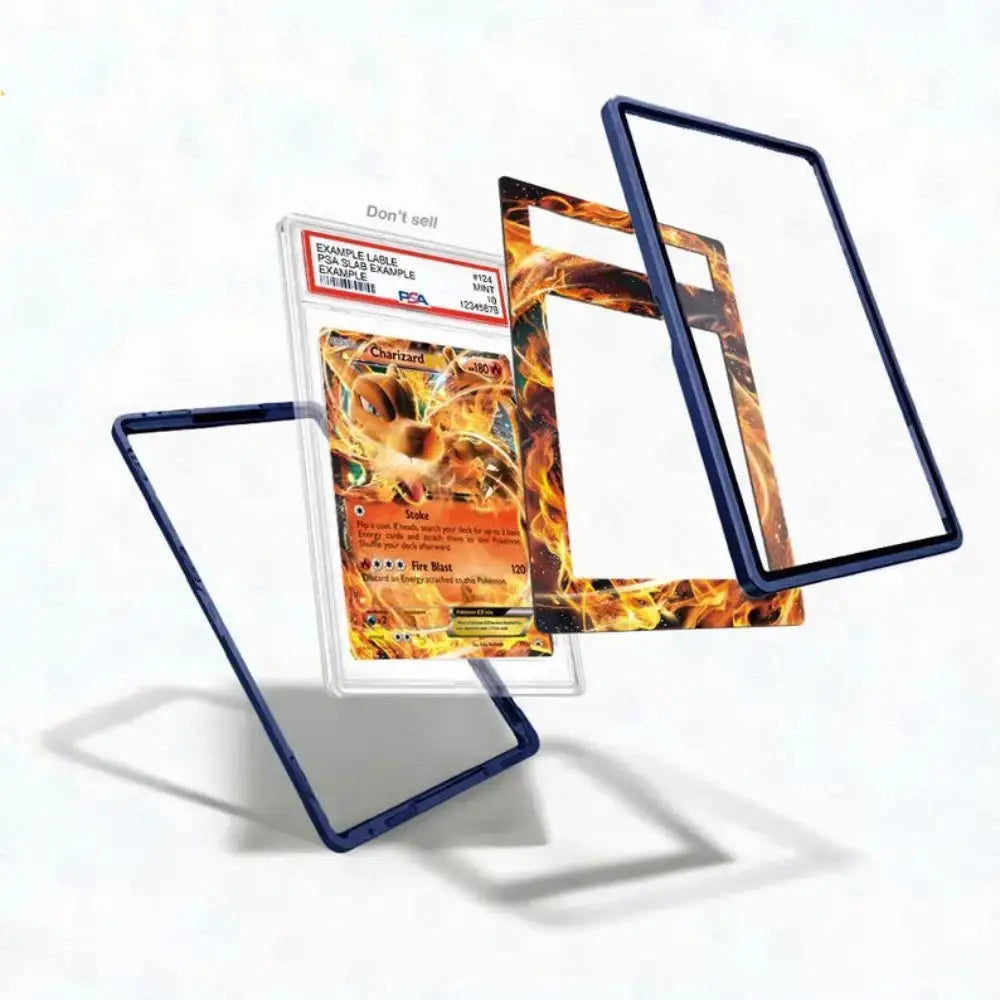 A protective display case for a graded Pokémon TCG card, shown with a sample graded card inside and three floating transparent flame-patterned frame pieces on a white background.