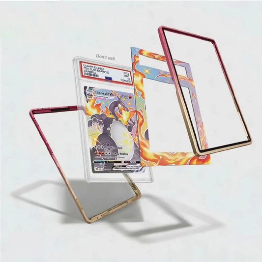 Three clear protective phone cases with colorful flame and anime-style printed borders are displayed on a white background, with one case containing a graded Pokémon TCG card.