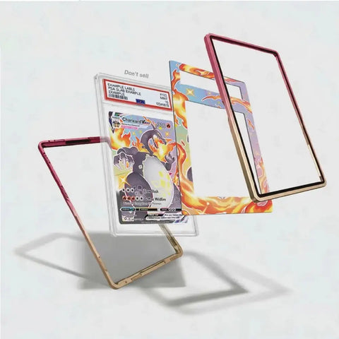 Three clear protective phone cases with colorful flame and anime-style printed borders are displayed on a white background, with one case containing a graded Pokémon TCG card.