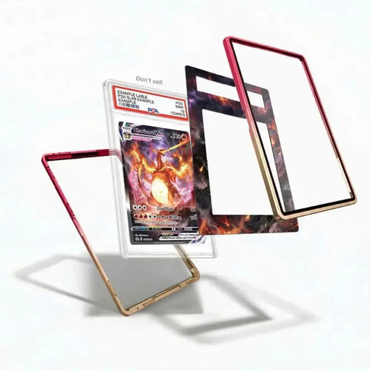 Three metallic card sleeves or frames in gold and pink tones are displayed around a graded Pokémon card on a white background.