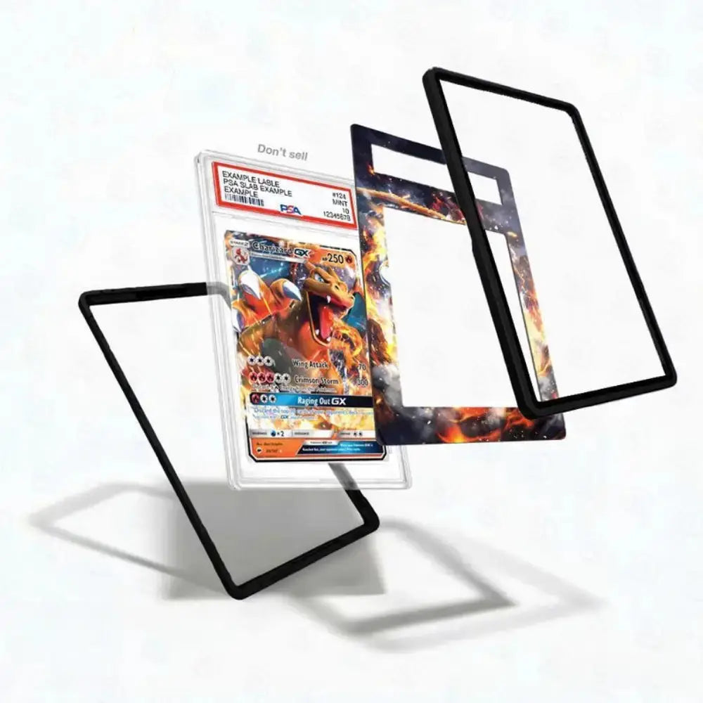 Three clear acrylic card sleeves with black borders and colorful Pokémon artwork are displayed on a white background, with one sleeve holding a graded Pokémon TCG card.