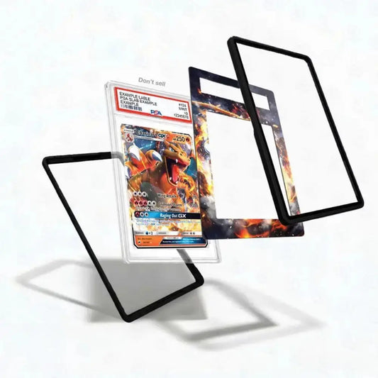 Three clear acrylic card sleeves with black borders and colorful Pokémon artwork are displayed on a white background, with one sleeve holding a graded Pokémon TCG card.