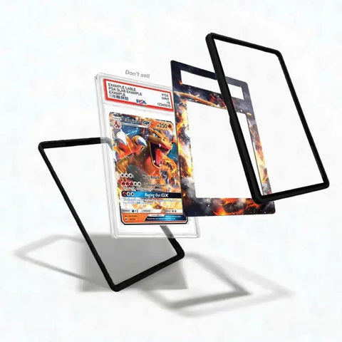 Three clear acrylic card sleeves with black borders and colorful Pokémon artwork are displayed on a white background, with one sleeve holding a graded Pokémon TCG card.