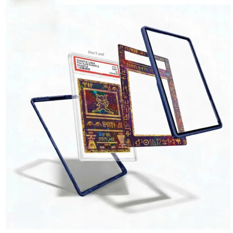 A display stand made of three interlocking U-shaped frames in dark blue, shown holding a graded collectible card. The card features a colorful, iridescent Egyptian-themed design with hieroglyphic borders.