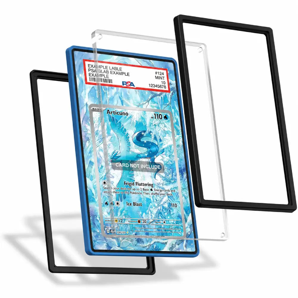 Three transparent acrylic or glass display frames shown around a blue holographic collectible card, with one black frame and two clear frames. The card has an Artikuma design with a PSA grading label visible at the top.