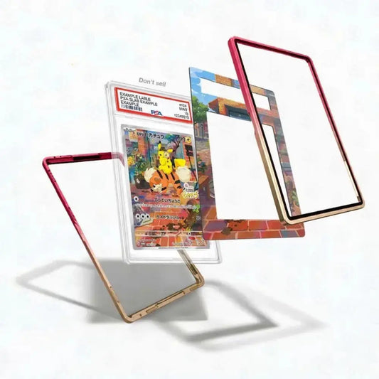 Three transparent protective frames for Pokémon trading cards in different colors (red, gold, and black) are displayed floating around a graded Sam Loyce 'The Card King' card on a white background.
