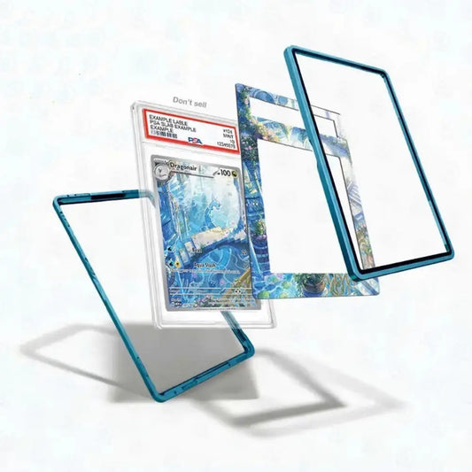 Trading card in protective packaging with blue borders on a white background
