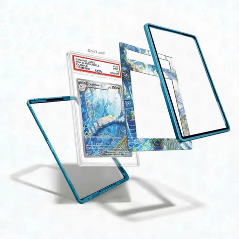 Trading card in protective packaging with blue borders on a white background
