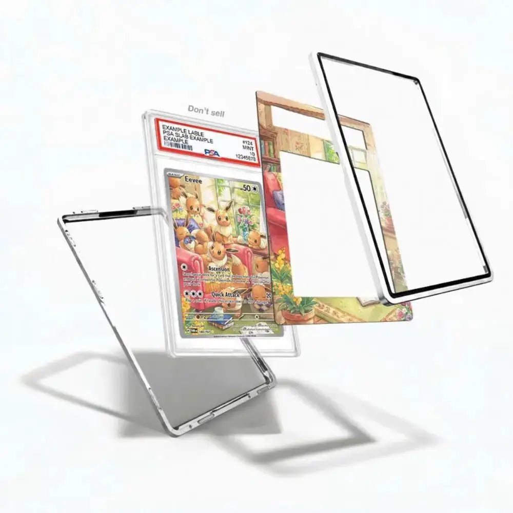 A clear protective case with a custom printed Pokémon card insert, shown alongside two transparent screen or back panels on a clean white background.