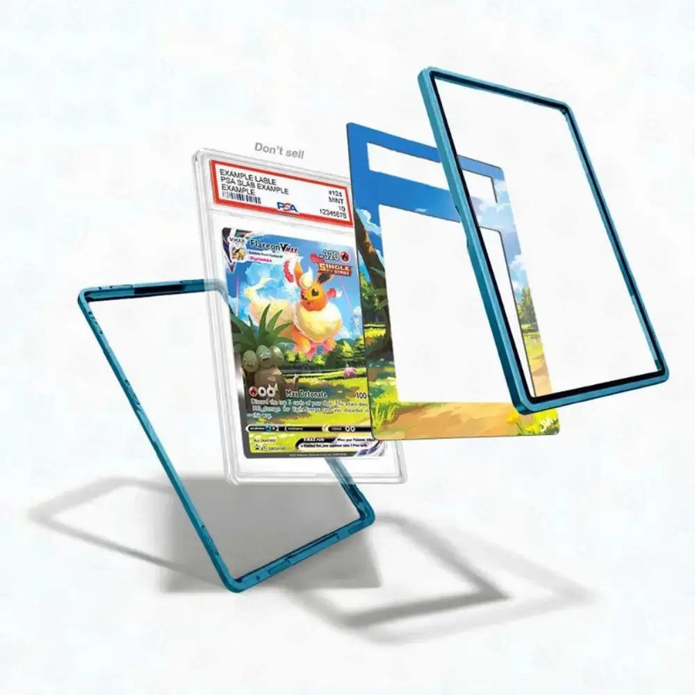 A clear acrylic Pokémon card protector case with a translucent blue border, shown holding a graded Pokémon Torktail card and displayed in multiple angles on a white background.