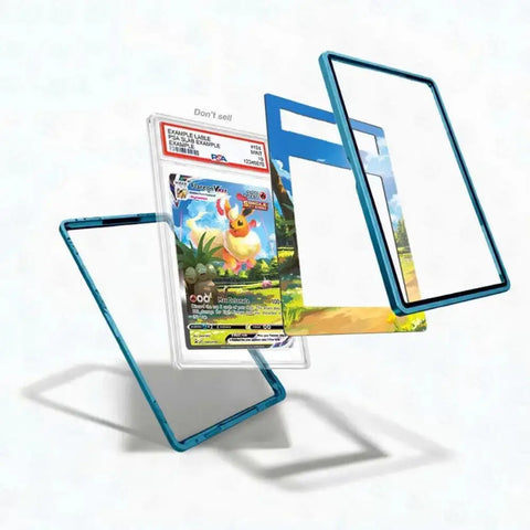 A clear acrylic Pokémon card protector case with a translucent blue border, shown holding a graded Pokémon Torktail card and displayed in multiple angles on a white background.