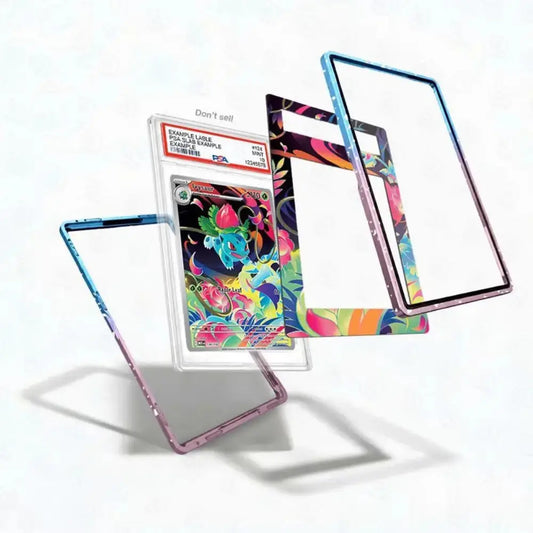 A clear protective phone case with a colorful gradient border, shown floating around a graded holographic Pokémon card. The case is displayed in multiple angles to show its transparent back and patterned edges.