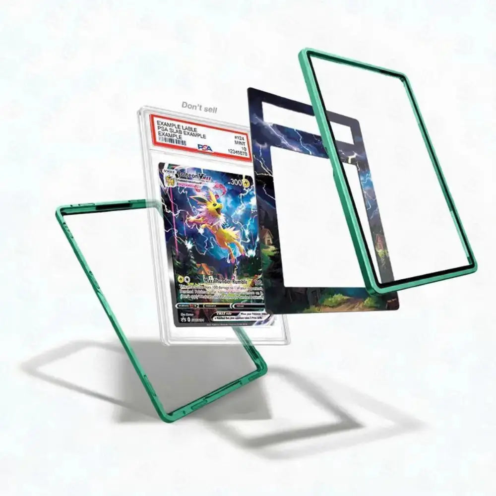 A clear protective card case with a translucent green border is shown in three floating angles around a graded Pokémon card. The card is displayed inside the case, with additional views showing the back of the case and a black insert or backing card.