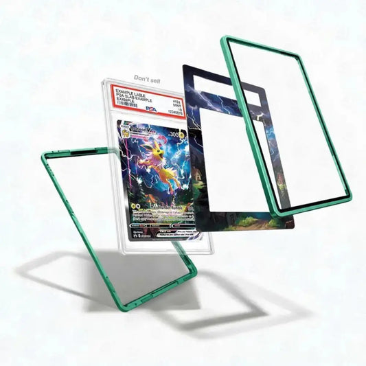 A clear protective card case with a translucent green border is shown in three floating angles around a graded Pokémon card. The card is displayed inside the case, with additional views showing the back of the case and a black insert or backing card.
