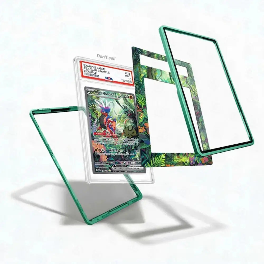 Trading card in a protective green frame on a white background