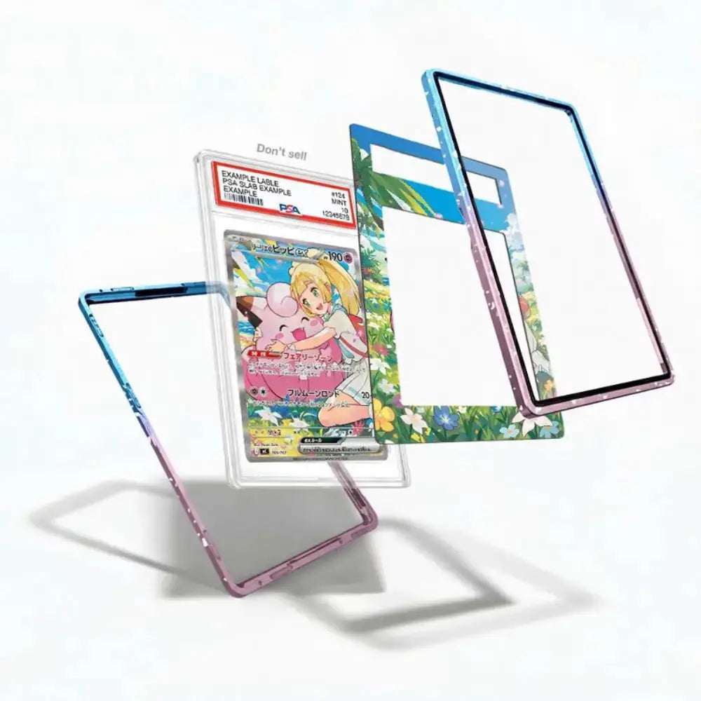 Four transparent phone cases with colorful borders are displayed on a white background, including one case holding a graded holographic trading card.
